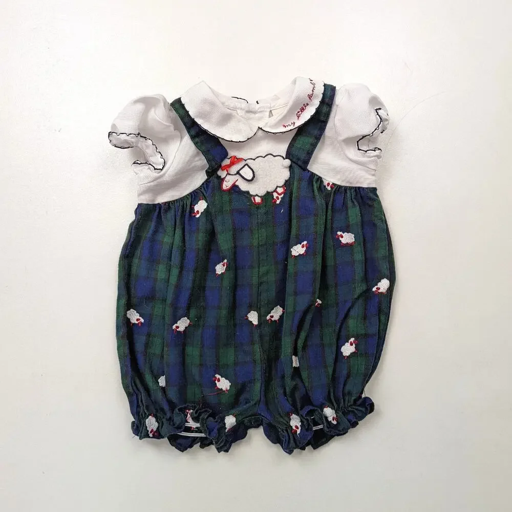Vintage BT Kids Romper Baby Girls Sz 6-9m Blue Plaid Sheep Bubble Outfit